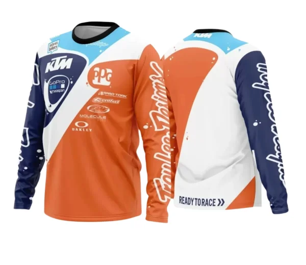 Camisa com logo no peito e estampa grande nas costas, estilo motocross e trilheiros com design marcante e impactante, ideal para fãs de esportes off-road e aventuras na trilha.